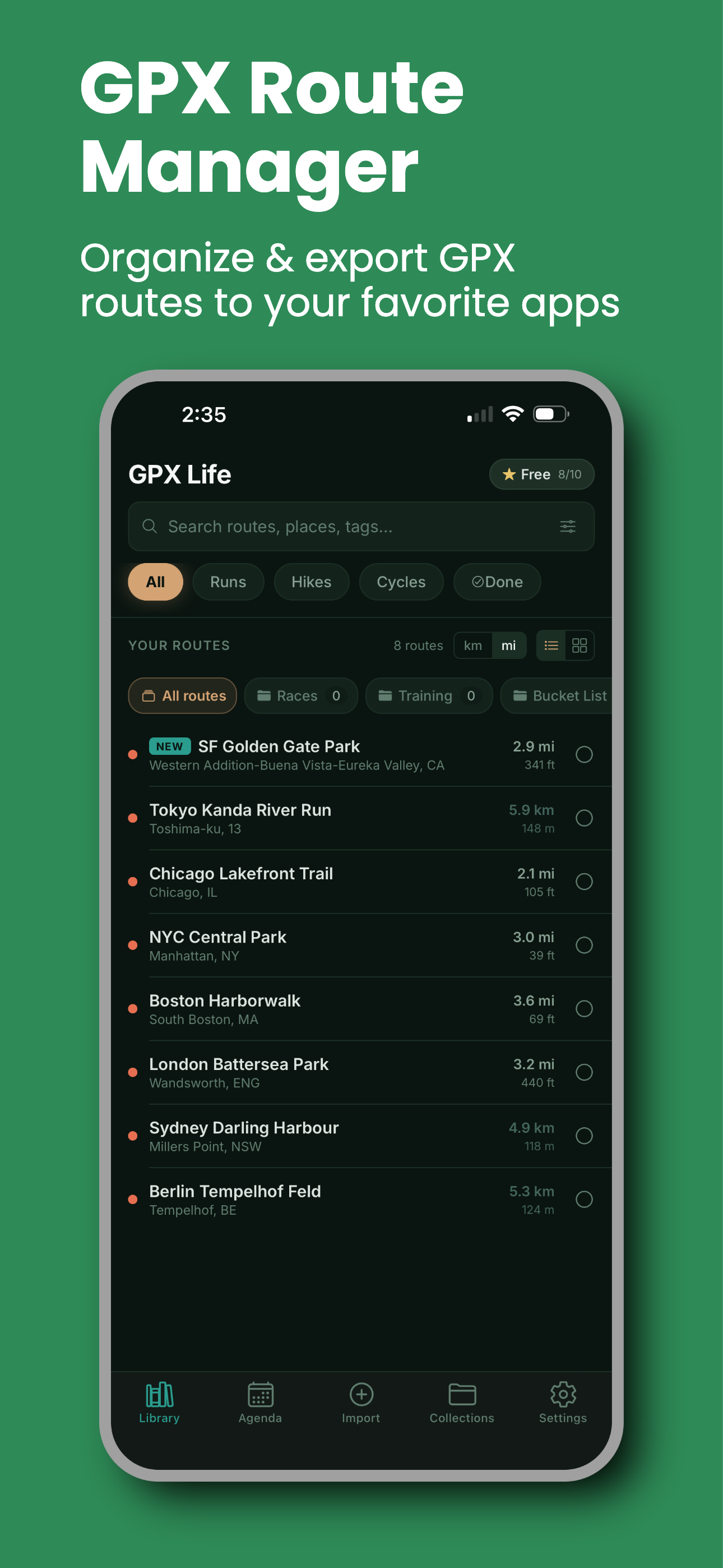 GPX Life library screen listing organized routes with distance and elevation