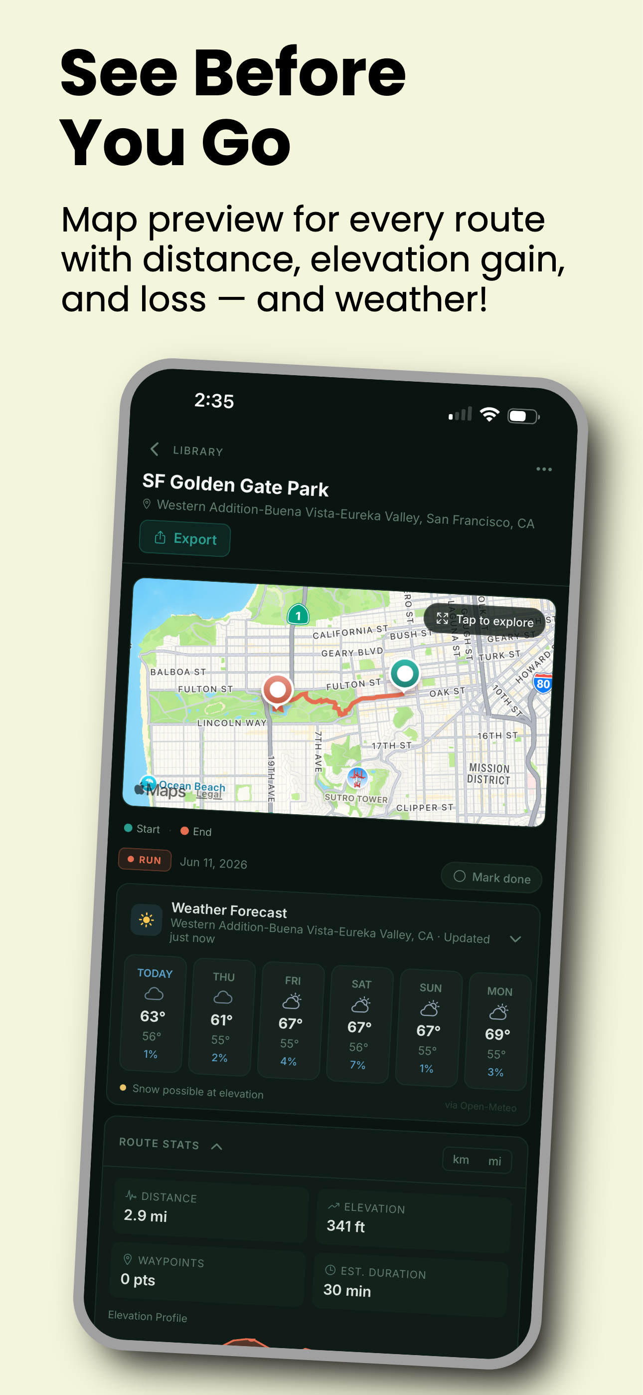 Route detail with map preview, distance, elevation gain and loss, and a weather forecast